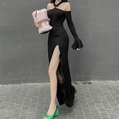 Women Clothing Sexy One Sleeve Tube Top Halter Tied Dress Ruffled Split Sexy Dress for Women by Ragazza