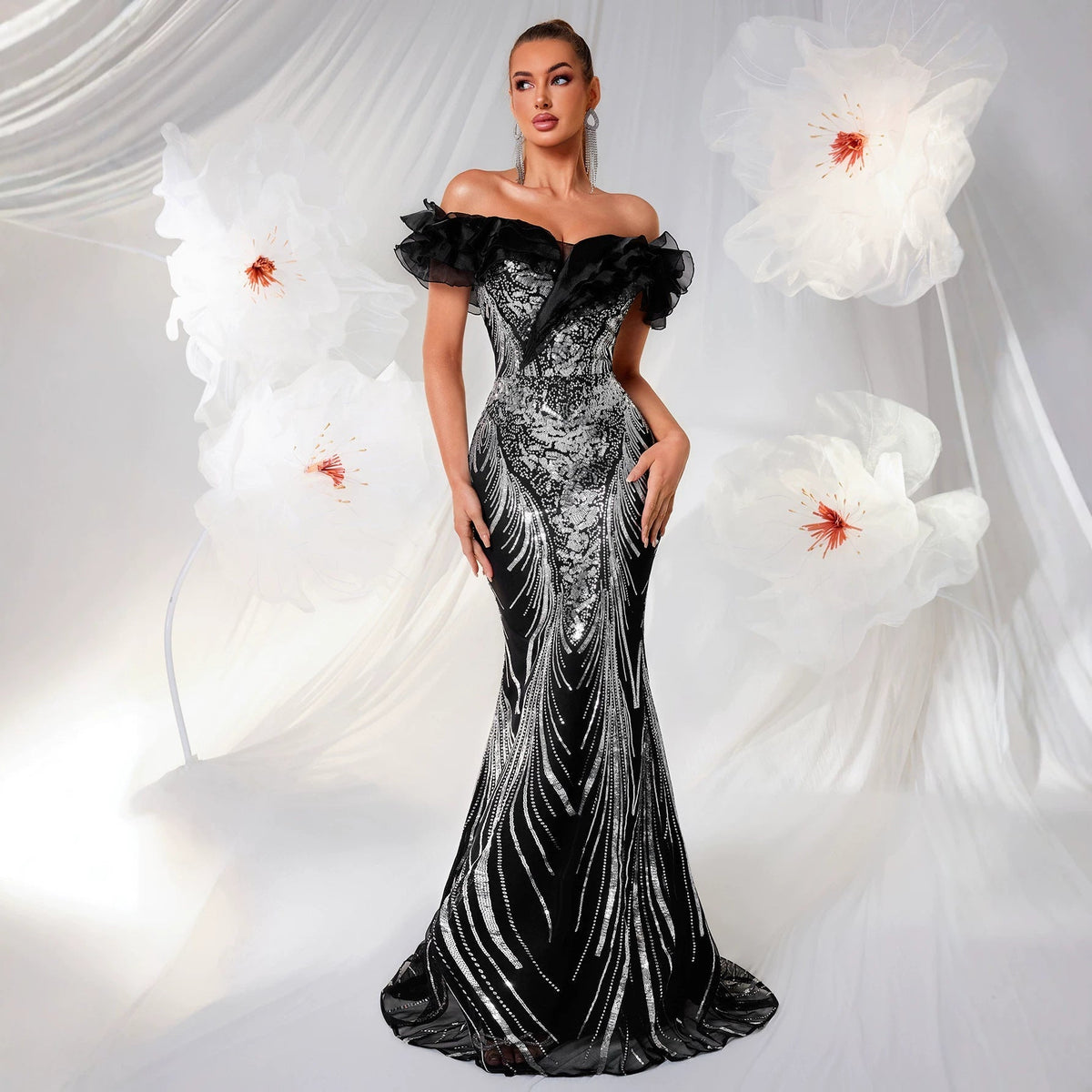 High End Affordable Luxury off Shoulder Ruffled Evening Dress Silver Sequined Slim Fit Slimming Dinner Party Fishtail Dress  DestGlow