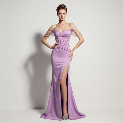 Sexy Satin High Slit Slim Fit Lace up Fishtail Long Annual Party Party Evening Dress by Ragazza