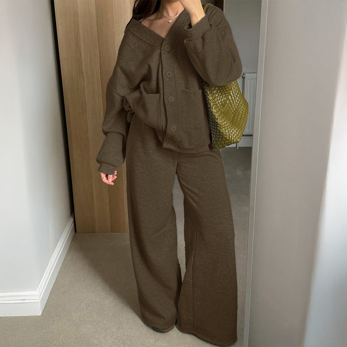Women Clothing Autumn Winter Holiday All Matching Long Sleeve Coat Trousers Two Piece Set by Ragazza