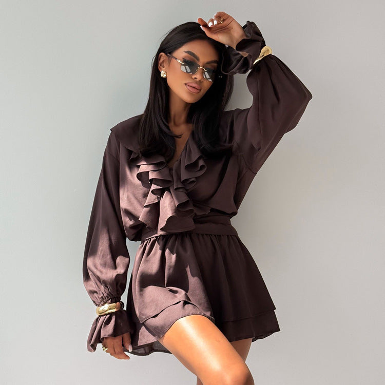 Spring French Elegant Short Dress Women Ruffled V neck Flared Sleeves High Waist A line Dress by Ragazza