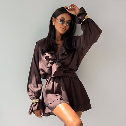 Spring French Elegant Short Dress Women Ruffled V neck Flared Sleeves High Waist A line Dress by Ragazza