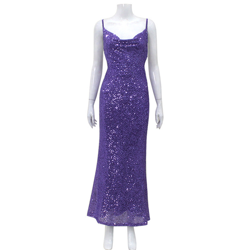 Light Luxury Sequined Evening Dress Sexy Low Cut Backless Slip Dress Slim Fit Elegant Fishtail Dress Women by Ragazza