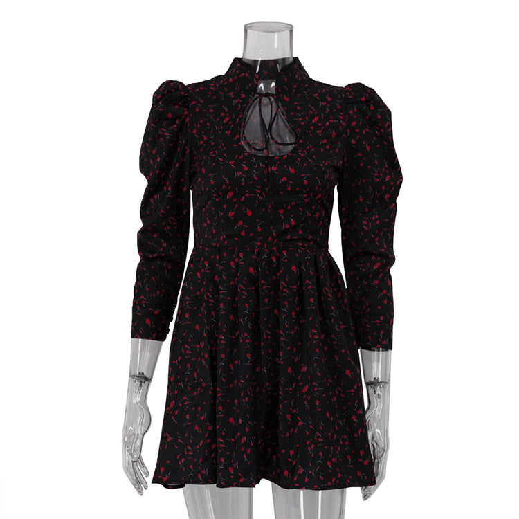 Women Clothing Floral Short Dress Women pirational Design Stylish Stand up Collar Tie Three Quarter Sleeve High Waist A line Dress by Ragazza