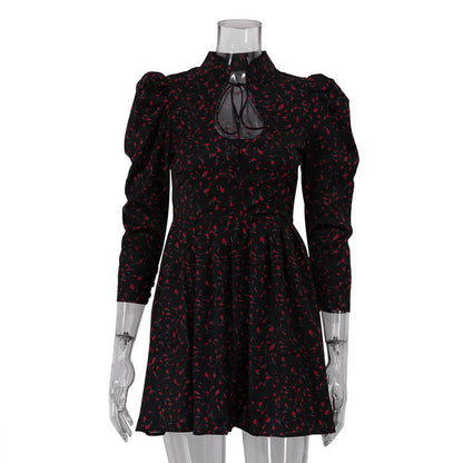 Women Clothing Floral Short Dress Women pirational Design Stylish Stand up Collar Tie Three Quarter Sleeve High Waist A line Dress by Ragazza