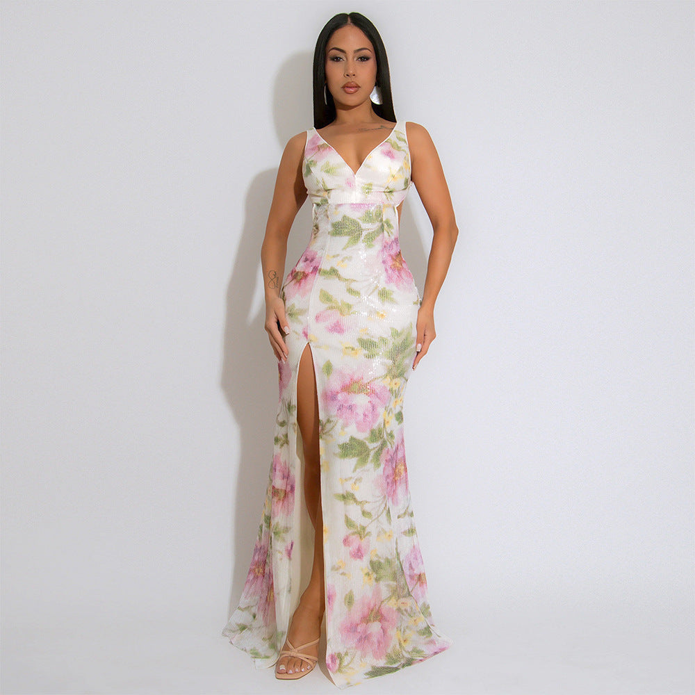 Sexy V neck Brace High Slit Sequ Dress Velvet Sequin Printed Dress Women by Ragazza