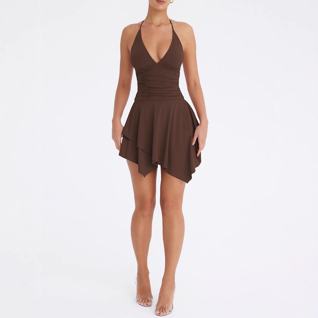 Arrival Women Deep V Plunge neck Halter Backless Lace up Sexy Pleated Irregular Asymmetric Dress by Ragazza