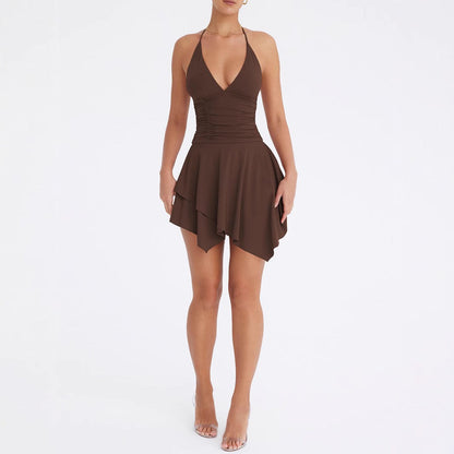 Arrival Women Deep V Plunge neck Halter Backless Lace up Sexy Pleated Irregular Asymmetric Dress by Ragazza