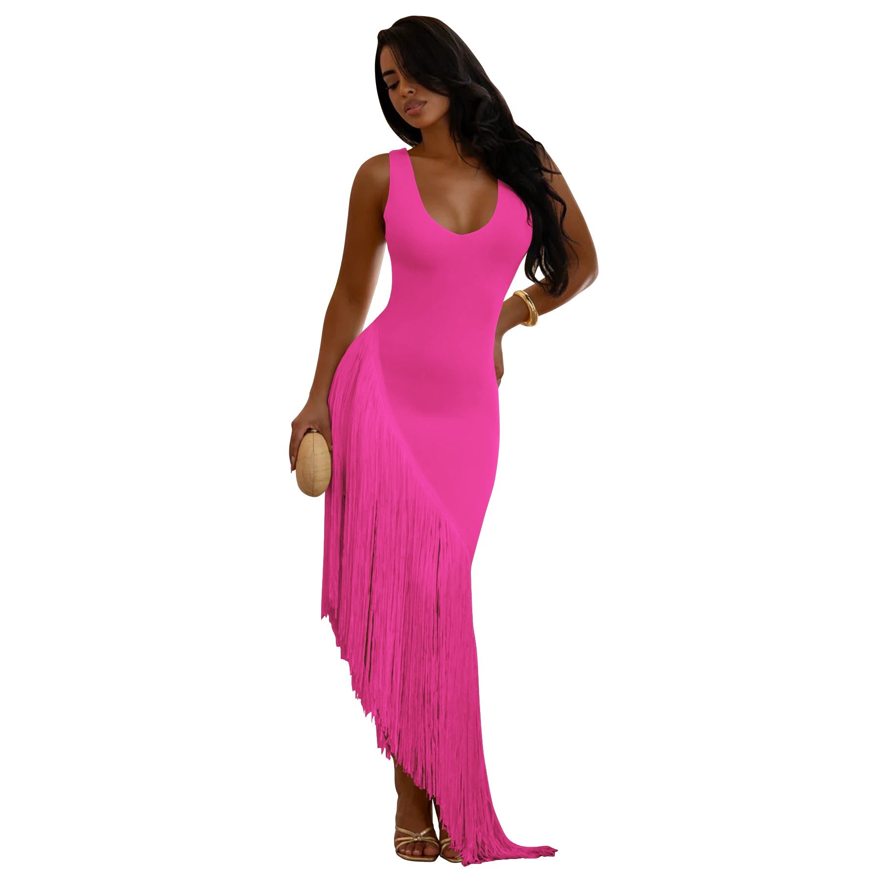 Women Sexy Strap Backless Tassel Stitching U Neck Dress  DestGlow