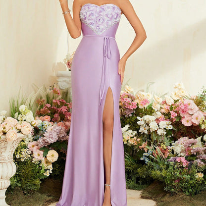 Evening Dress Tube Top Elegant Three Dimensional Embroidered Patchwork Knitting Fishtail Slit Dress Summer A Line by Ragazza