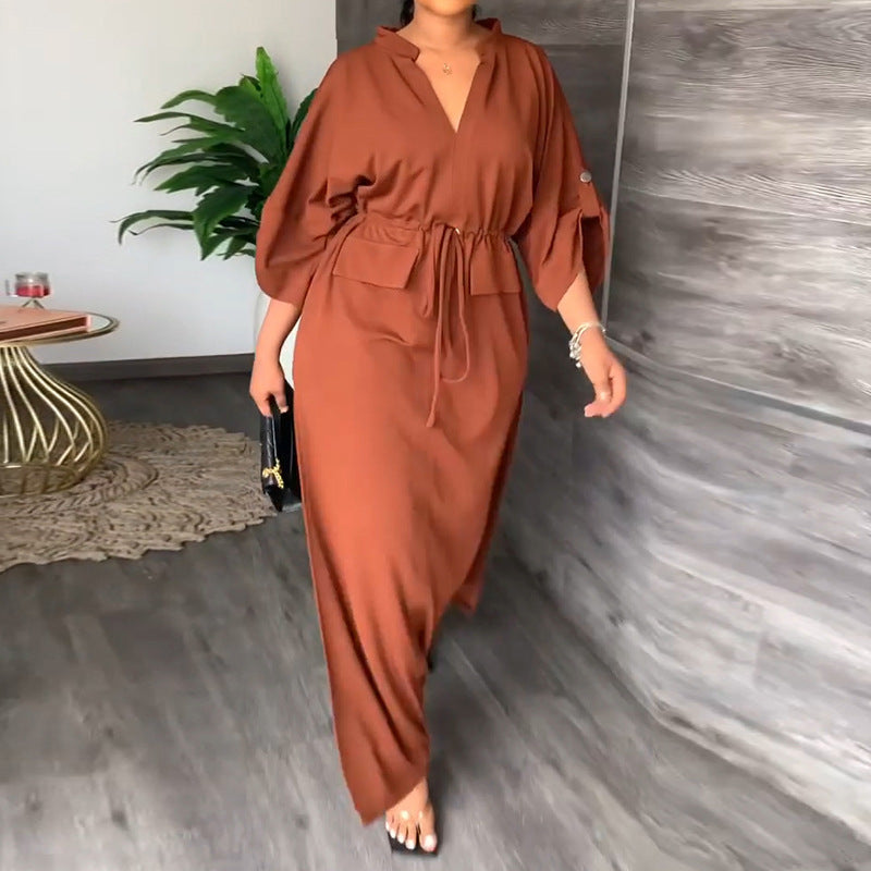 Autumn Women Clothing Casual Stand Collar Split Dress Solid Color Dress by Ragazza