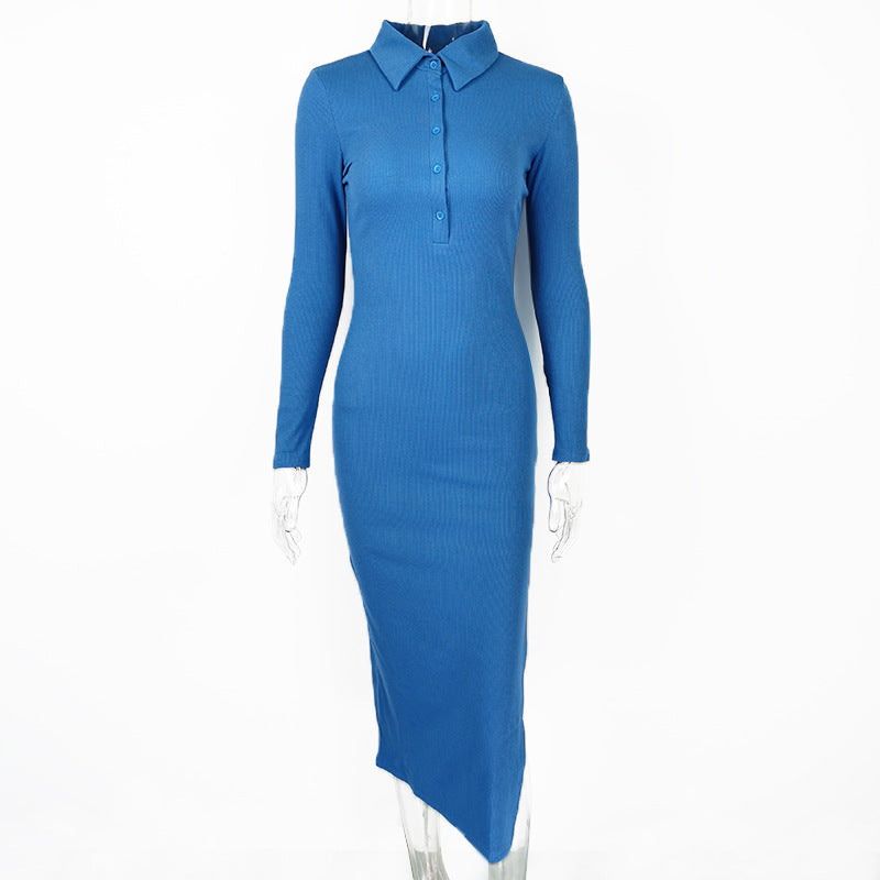 Autumn Winter Women Clothing Sexy Slit Slim Rib Button Long Sleeve Dress by Ragazza
