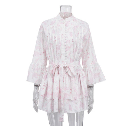 French Short Print Elegant Dress for Women Stand up Collar Flared Sleeves Single Breasted Lace up A line Dress by Ragazza