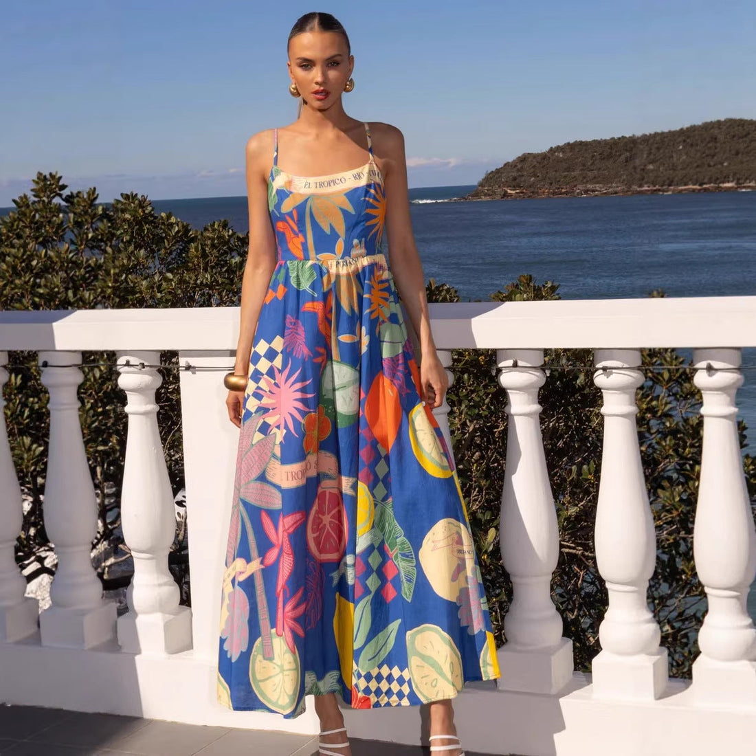 Summer Dress Geometric Abstract Graffiti Printed Waist Controlled Swing Cami Dress Women by Ragazza