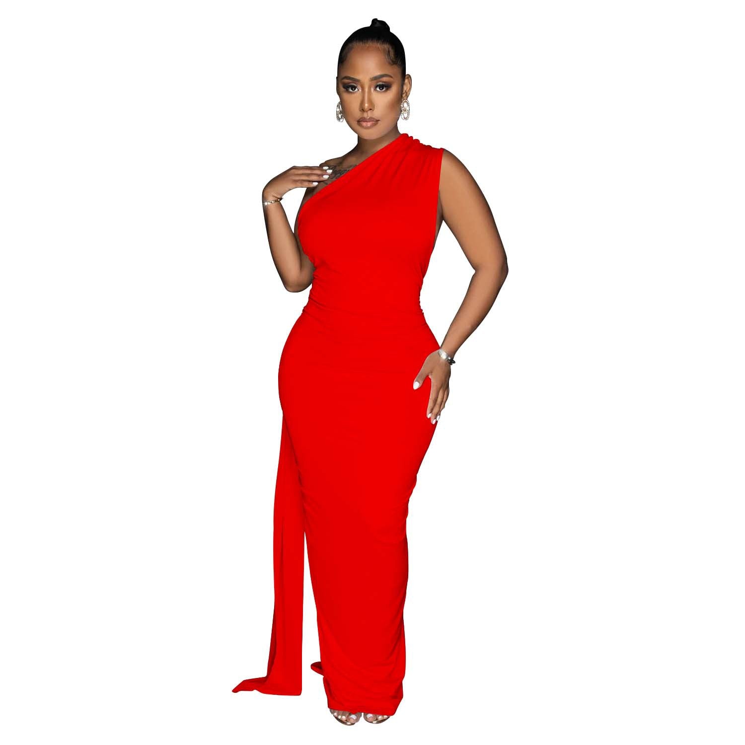Women Wear Solid Color Backless Pleated Irregular Asymmetric Maxi Dress Women by Ragazza