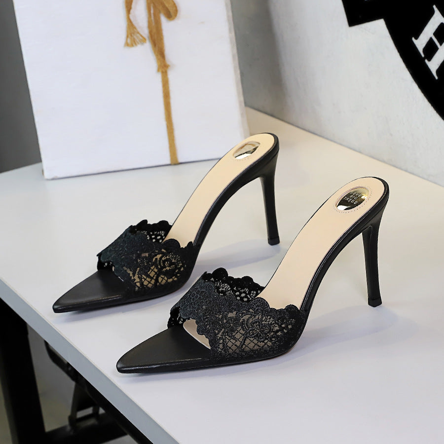 Ultra High Heel Lace Sexy Open Toe Pointed Slip on Stiletto Heel Elegant Lace up Women Slippers  DestGlow