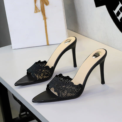 Ultra High Heel Lace Sexy Open Toe Pointed Slip on Stiletto Heel Elegant Lace up Women Slippers  DestGlow