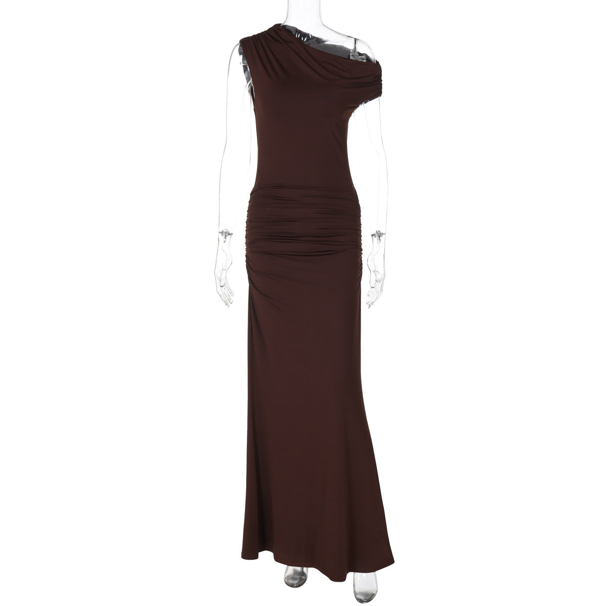 Women Clothing Summer Pleated Waist Tight Slimming Shoulder Hollow Out Cutout Sexy Solid Color Dress by Ragazza