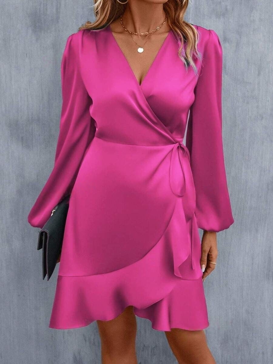 V neck Dress Satin Waist Tight Low Cut Casual Midi Dress Sweet Women Clothing by Ragazza