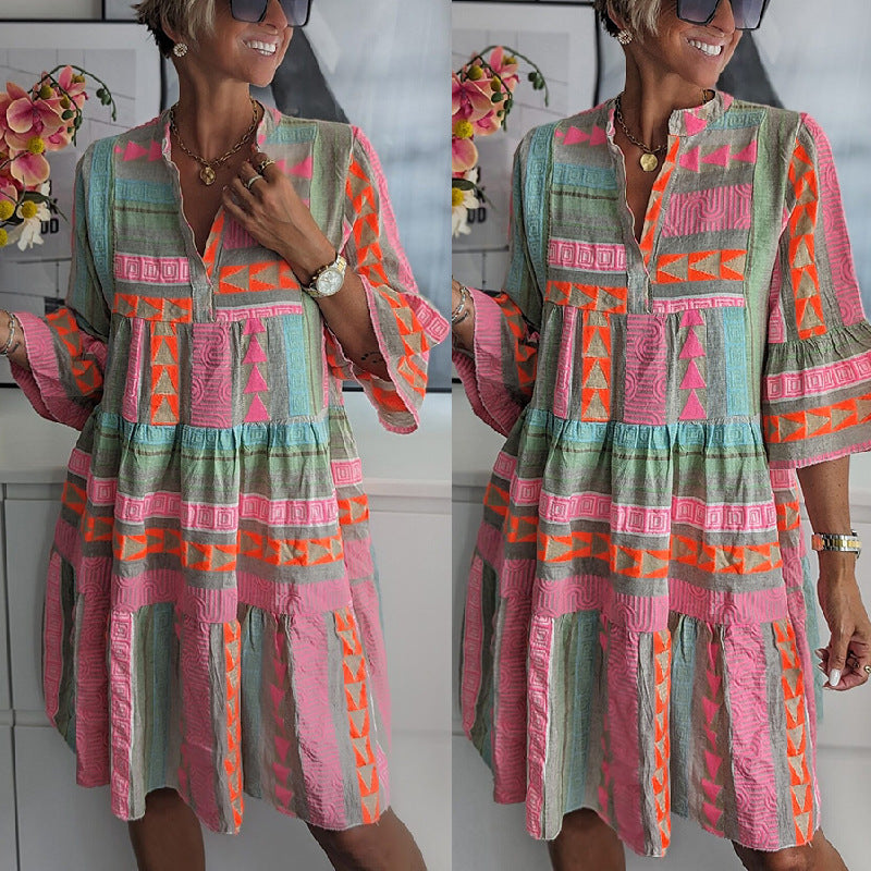 Women Stand Alone Autumn Clothing Printed V-neck Three Quarter Sleeve Dress by Ragazza