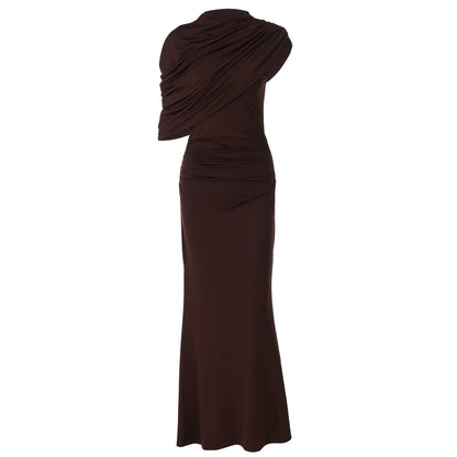 Women Clothing Summer Oblique Shoulder Design Skinny Sheath Pleated Irregular Asymmetric Dress by Ragazza