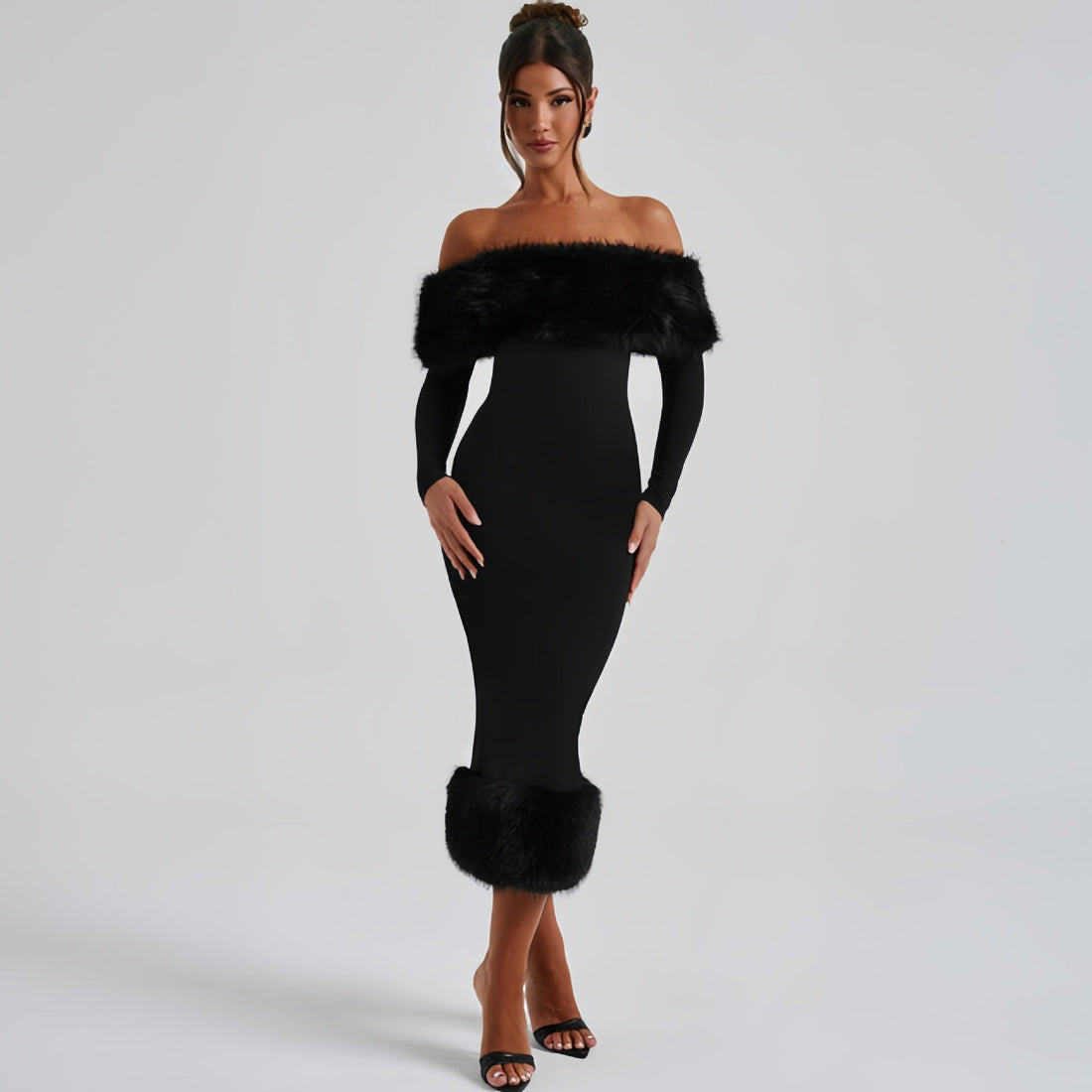 Women Clothing Autumn Winter Fur Collar off Neck Long Sleeve Slim Fit Evening Dress by Ragazza