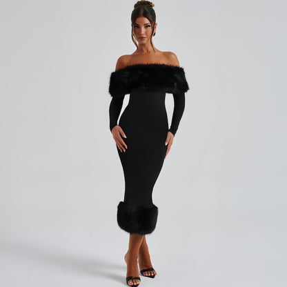 Women Clothing Autumn Winter Fur Collar off Neck Long Sleeve Slim Fit Evening Dress by Ragazza