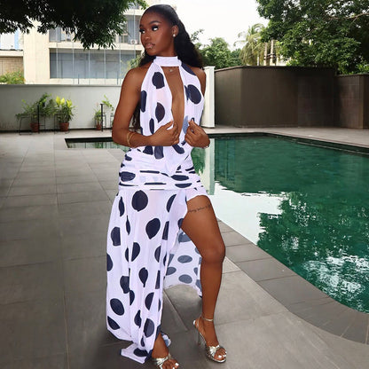 Black White Polka Dot Women Split Printed Street Asymmetric Dress Turtleneck Lace up Backless Dress by Ragazza