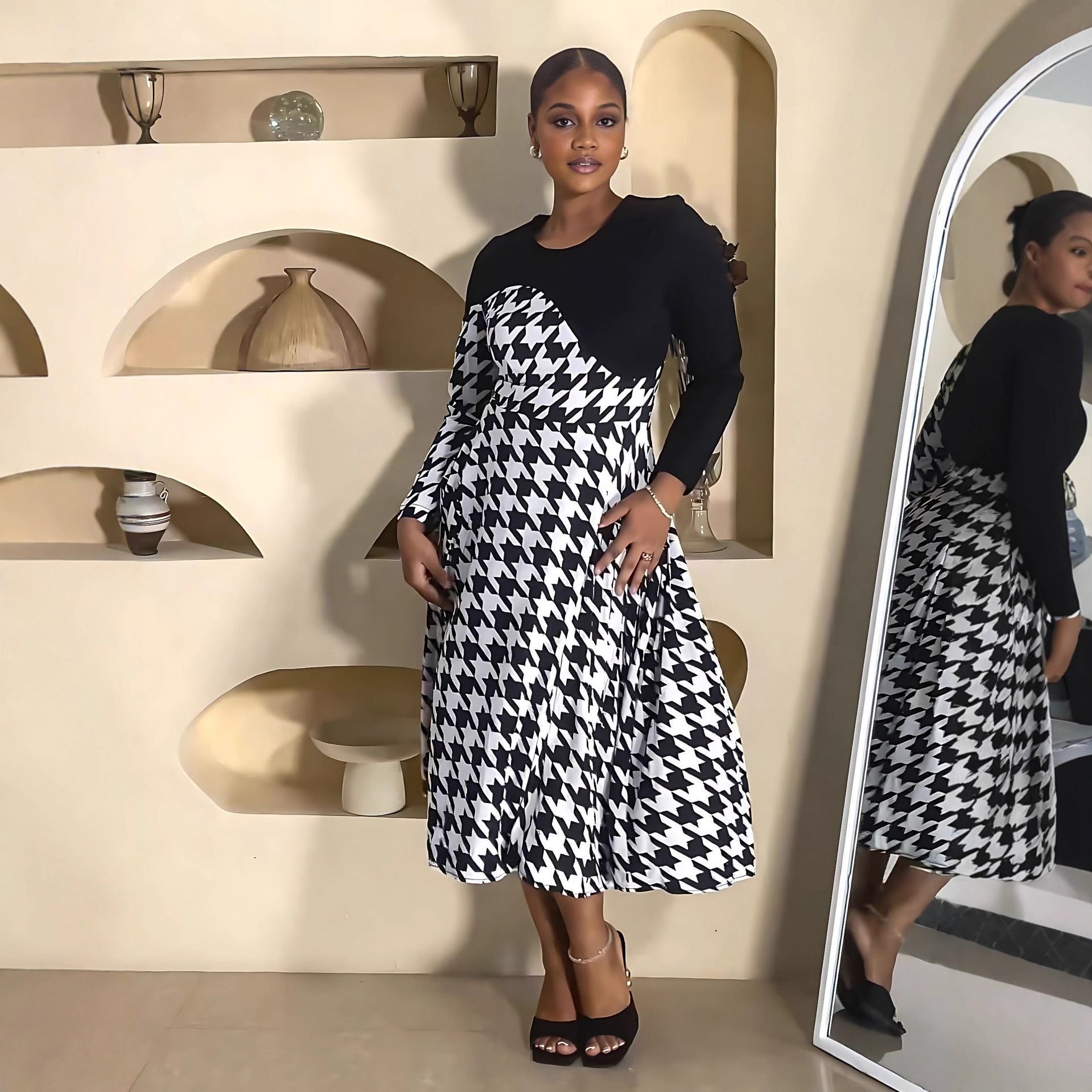 Stitching Houndstooth Spring Autumn All Match Long Sleeve Women Dress by Ragazza