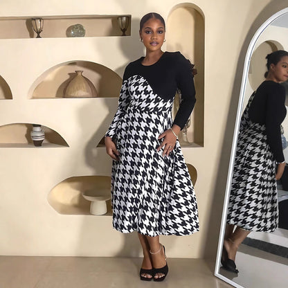 Stitching Houndstooth Spring Autumn All Match Long Sleeve Women Dress by Ragazza