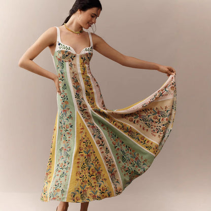Spring Summer Suspender Positioning Linen Printing Dress Loose Vacation Dress by Ragazza