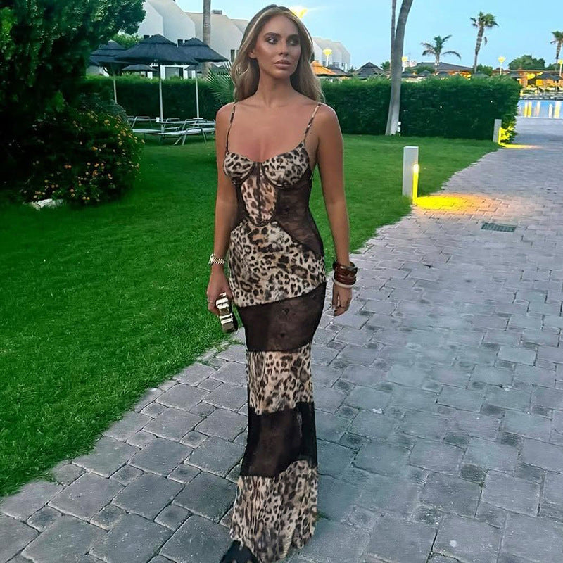 Spring Women Clothing Suspenders Leopard Print Lace Stitching Sexy See through Dress by Ragazza