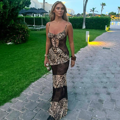 Spring Women Clothing Suspenders Leopard Print Lace Stitching Sexy See through Dress by Ragazza