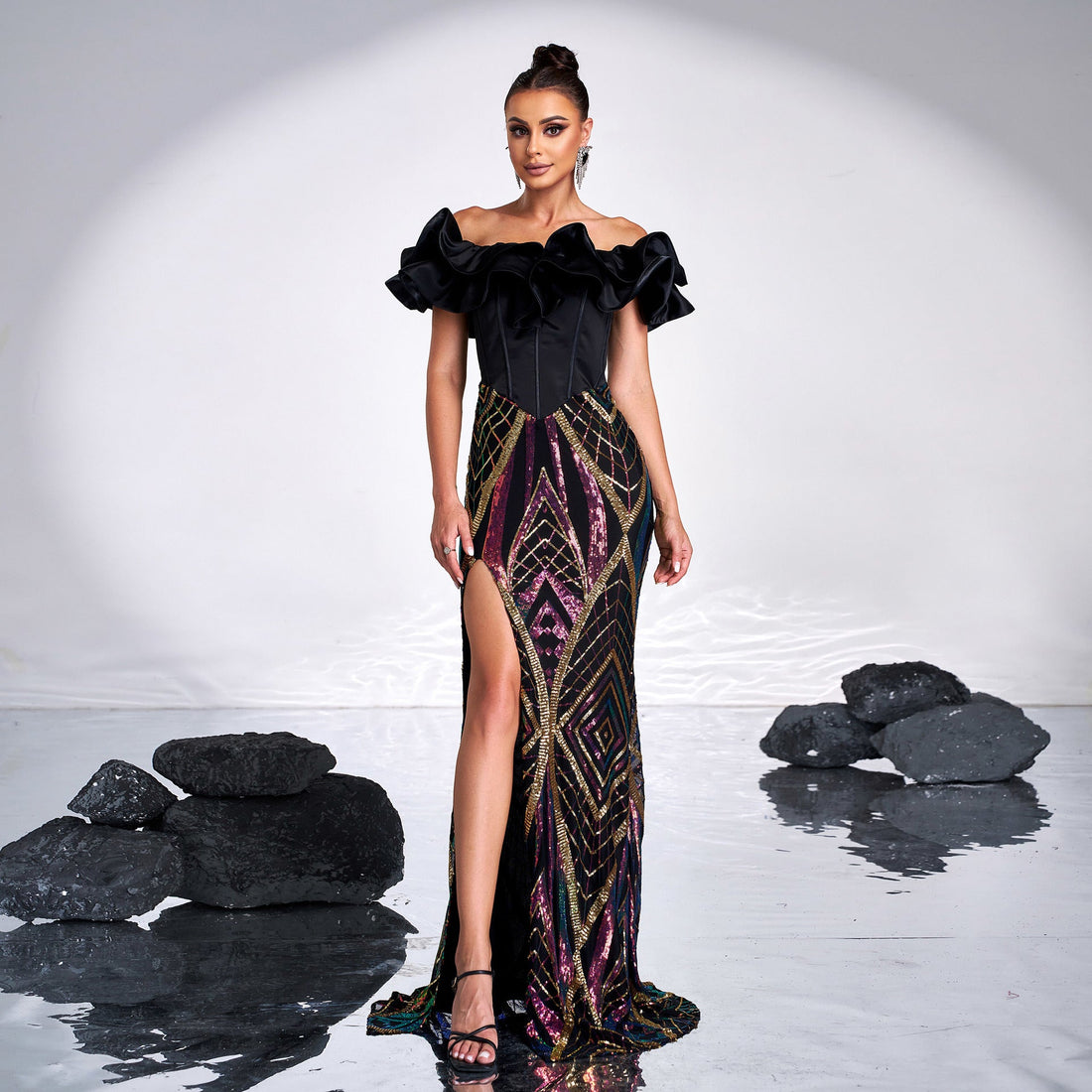 Women Clothing High Grade off Neck Slim Fit Cocktail Sequined Split Long Evening Dress for Women by Ragazza
