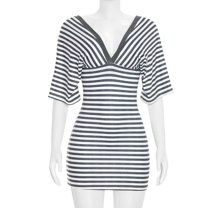 Women Clothing Summer Striped Printed V neck Backless Short Sleeve Tight Waist Sheath Dress Women  DestGlow