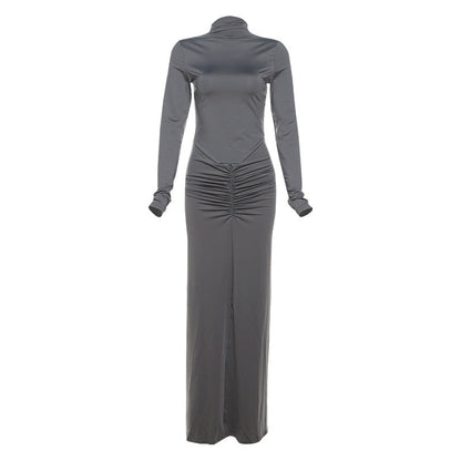 Autumn Winter Sexy Slimming Beam Waist Solid Color Maxi Dress Pleated Dress Women by Ragazza