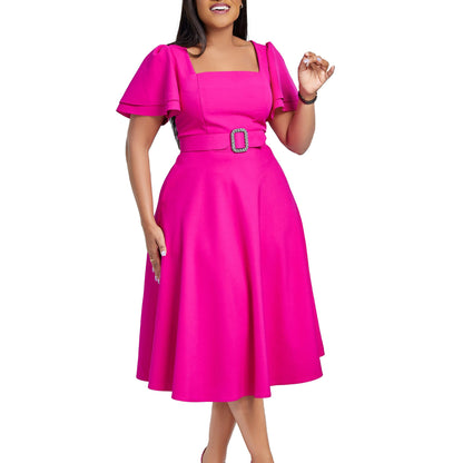 Women Clothing Flared Sleeves Square Collar High Waist Solid Color Elegant Dress by Ragazza