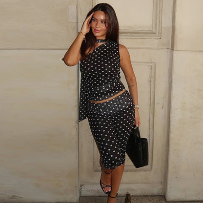 Winter Mesh Stitching Polka Dot Shoulder Diagonal Collar Top Slim Cropped Pants Set by Ragazza