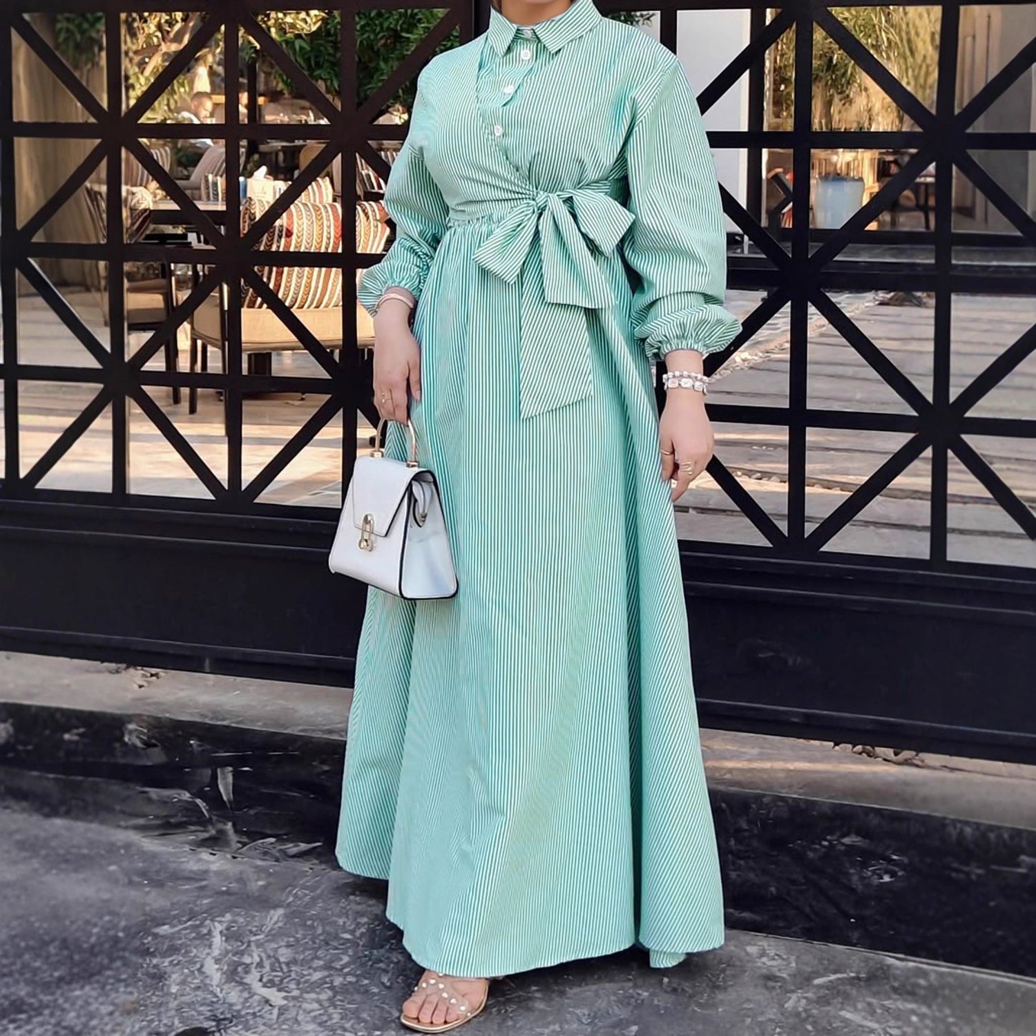 Women Striped Long Sleeve Turn down Collar Elegant Casual Robe Tunic Dress by Ragazza