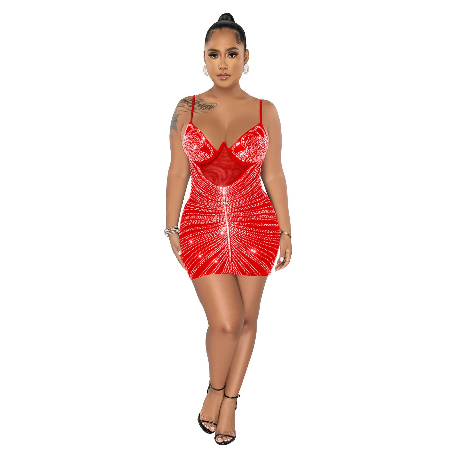 Women Wear Rhinestone Mesh Camisole Sleeveless Dress by Ragazza