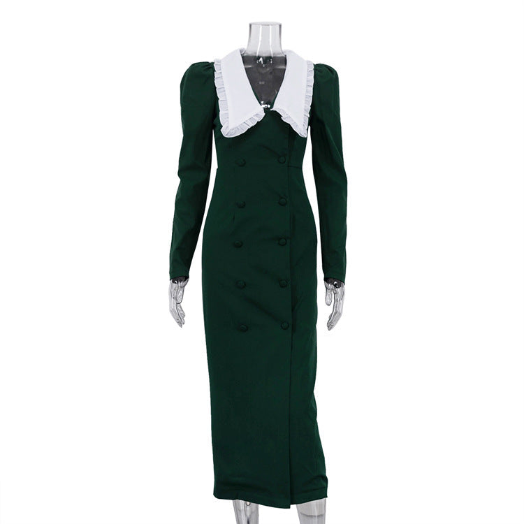 Spring Color Contrast Cardigan Sheath Dress Women Doll Collar Long Sleeve High Waist French Dress by Ragazza