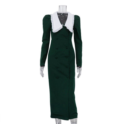 Spring Color Contrast Cardigan Sheath Dress Women Doll Collar Long Sleeve High Waist French Dress by Ragazza