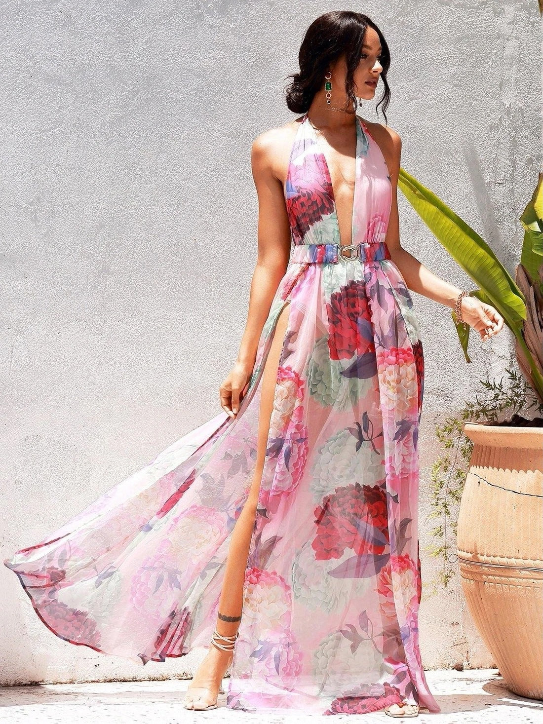 Spring Summer Women Sexy Suspenders Deep V Plunge Floral Shape Printing Slip Dress by Ragazza