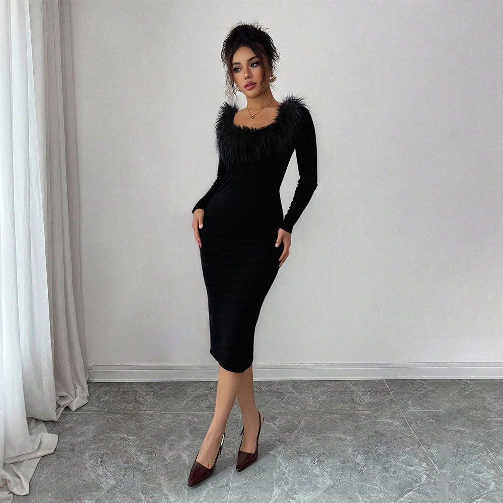 Black Plush Neckline Dress Women Fall Winter Slim Maxi Dress Side Slit Elegant Dinner Dress by Ragazza