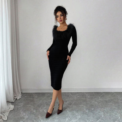 Black Plush Neckline Dress Women Fall Winter Slim Maxi Dress Side Slit Elegant Dinner Dress by Ragazza