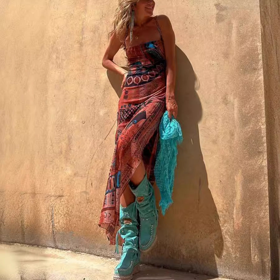 Sexy Sleeveless Printed Stretch Split Straps Tulle Dress by Ragazza