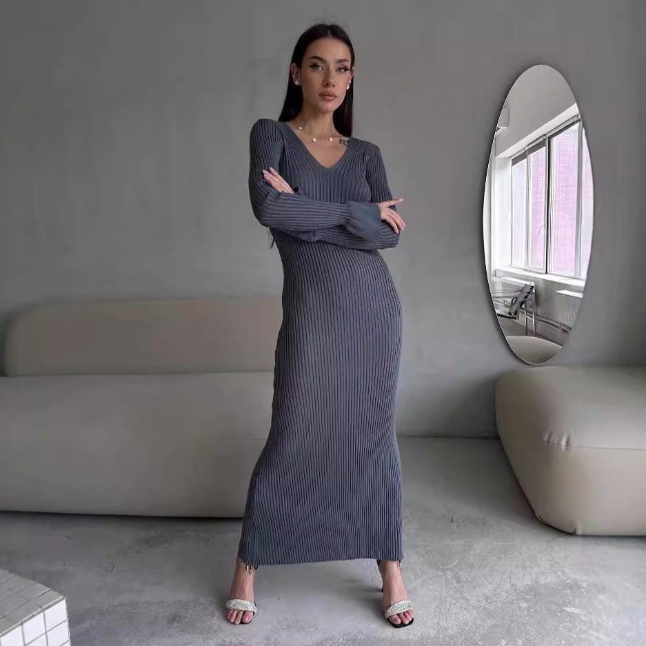 Long Sleeve V neck Tight Knitted Dress Solid Color Rib Fabric Wool Long Autumn Winter Dress by Ragazza