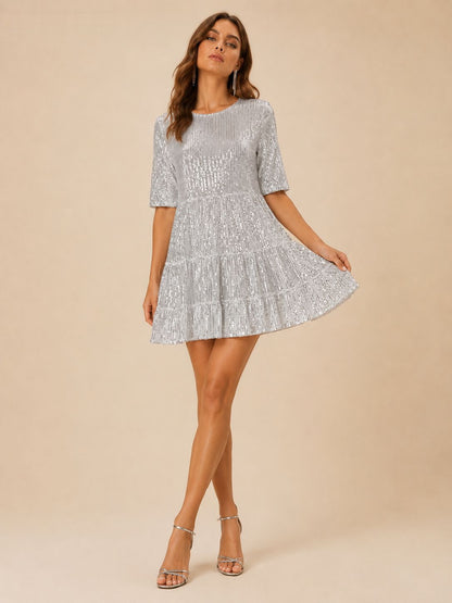 Sequined Short Sleeve A line Dress Cocktail Women Short Dress  DestGlow