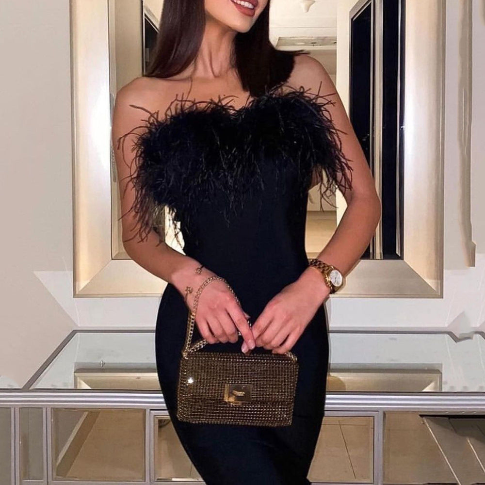 Spring Women Clothing Sexy Feather Tube Top Dress Sheath Office Tight Dress by Ragazza