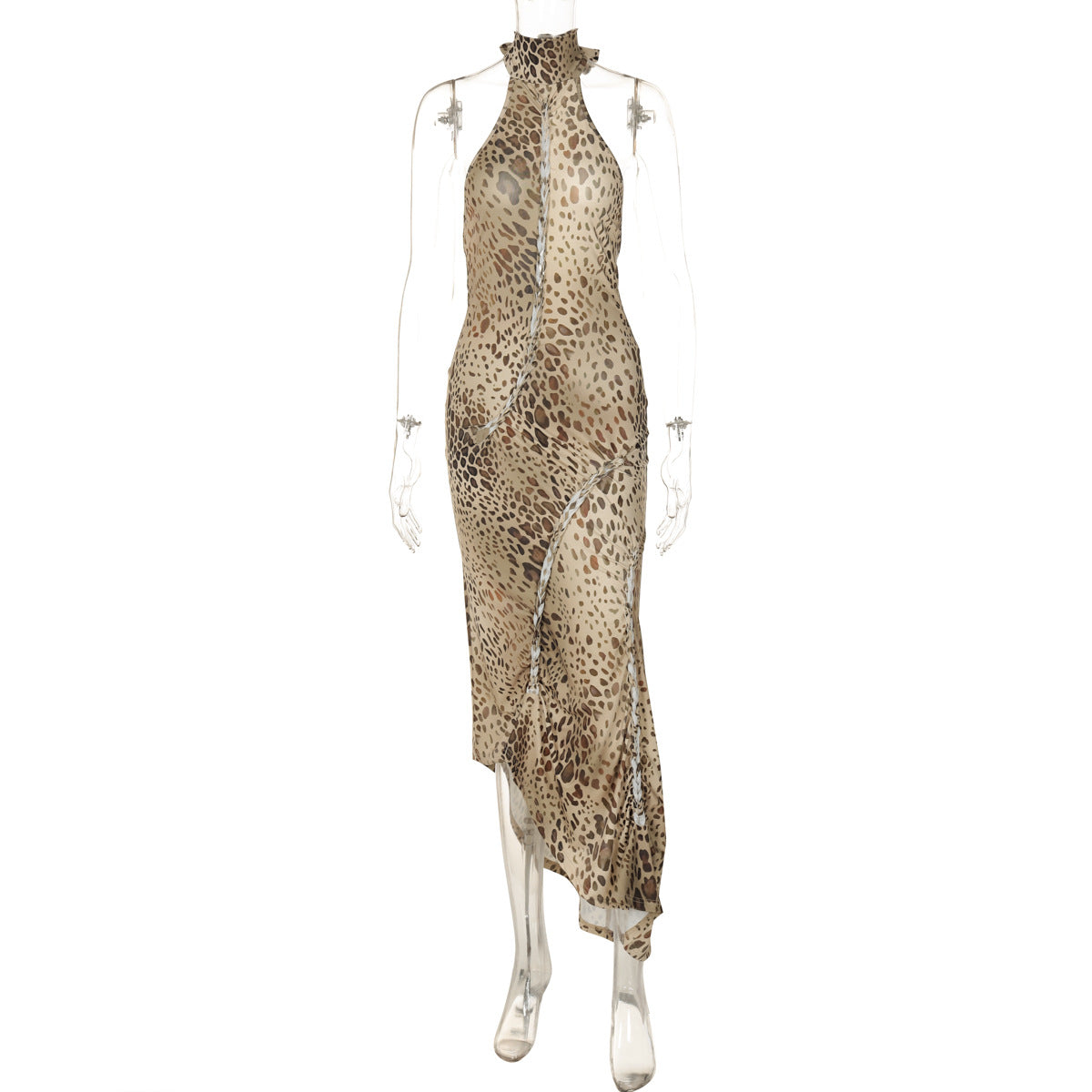 Summer Sexy Backless Slim Fit Lace up Halter Irregular Asymmetric Leopard Print Dress Women by Ragazza